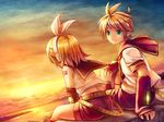  1girl aqua_eyes arm_warmers back bare_shoulders blonde_hair brother_and_sister cloud detached_sleeves from_behind hair_ornament hair_ribbon hairclip headphones highres kagamine_len kagamine_rin namaru_(summer_dandy) ribbon sailor_collar short_hair shorts siblings sitting sky smile sunset twins vocaloid wallpaper water 