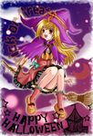  ahoge aura_(wild_arms) bat_wings blonde_hair blush bow broom brown_eyes cocopazu dress frilled_legwear full_body hair_ornament hairpin halloween happy happy_halloween hat heart jewelry moon night open_mouth purple_background ribbon shoes sidelocks socks solo trick_or_treat wild_arms wild_arms_1 wings witch witch_hat 