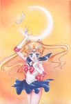  90s back_bow bishoujo_senshi_sailor_moon blonde_hair blue_eyes blue_sailor_collar blue_skirt bow choker crescent_moon double_bun earrings elbow_gloves gloves hair_ornament hairpin highres jewelry long_hair magical_girl mask moon official_art red_bow ribbon sailor_collar sailor_moon sailor_senshi_uniform scan skirt smile solo takeuchi_naoko tiara tsukino_usagi white_gloves 