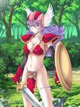  armor bikini_armor breasts dragon_quest dragon_quest_iii forest gloves helmet highres large_breasts nature navel purple_eyes purple_hair red_armor shield soldier_(dq3) solo sword tamamon weapon winged_helmet 