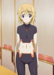  androgynous blonde_hair charlotte_dunois flat_chest highres infinite_stratos jewelry naval navel necklace purple_eyes reverse_trap stitch stitched tomboy 