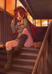  boots bow candy coca-cola fang food hair_bow highres hitoto lollipop mahou_shoujo_madoka_magica open_mouth pocky ponytail product_placement red_eyes red_hair sakura_kyouko sitting sitting_on_stairs solo stairs sunset sweatdrop swirl_lollipop 