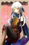  bare_shoulders black_gloves black_legwear blue_scarf book boots dress fire_emblem fire_emblem:_akatsuki_no_megami gloves hair_ribbon half_updo long_hair micaiah pantyhose ribbon sakuno_shion scarf side_slit silver_hair sleeveless sleeveless_dress solo yellow_eyes 