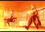  acoustic_guitar bed crossed_legs guitar instrument leggings letterboxed long_hair magzz megurine_luka multiple_girls music nekomura_iroha orange_(color) room sitting thighhighs very_long_hair vocaloid 