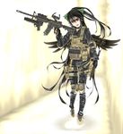  assault_rifle beretta_93r black_hair boots contemporary dual_wielding gloves grenade_launcher gun handgun highres holding holster knee_pads load_bearing_vest long_hair m4_carbine military_operator red_eyes reiuji_utsuho rifle solo steelkonnyaku thigh_holster touhou underbarrel_grenade_launcher weapon 