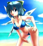  1girl alternate_breast_size beach bikini blue_eyes blue_hair breasts cirno cleavage day large_breasts leaning_forward navel older short_hair solo swimsuit tongue touhou tyourou_god underboob wings 