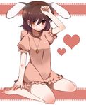  animal_ears bad_feet bad_id bad_pixiv_id barefoot blush brown_eyes brown_hair bunny_ears carrot carrot_necklace dress error extra_ears heart highres hyouka_(rat_hut) inaba_tewi jewelry necklace orange_eyes pendant short_hair sitting smile solo touhou wariza 