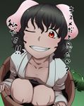  animal_ears bakuya black_hair bucket bunny_ears cosplay face flat_chest grin highres in_bucket in_container inaba_tewi kisume kisume_(cosplay) one_eye_closed red_eyes short_hair smile solo too_bad!_it_was_just_me! touhou translated trolling wig wooden_bucket 