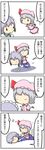  4koma blood_donation comic dress grey_hair highres human_furniture izayoi_sakuya maid multiple_girls potaaju remilia_scarlet touhou translated white_background wings 