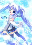 blue_eyes blue_hair detached_sleeves hatsune_miku headset highres long_hair looking_back mikeou necktie outstretched_arms scarf skirt snowflakes solo thighhighs twintails very_long_hair vocaloid white_scarf yuki_miku 