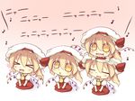  &gt;_&lt; :&lt; :3 =_= alternate_eye_color blonde_hair chibi chibi_on_head clone closed_eyes fang flandre_scarlet flapping four_of_a_kind_(touhou) hat hazuki_ruu multiple_girls multiple_persona nyan on_head open_mouth orange_eyes short_hair side_ponytail simple_background smile touhou translated wings x3 