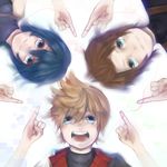  2boys aqua_(kingdom_hearts) blonde_hair blue_eyes blue_hair brown_hair kingdom_hearts kingdom_hearts_birth_by_sleep multiple_boys red_string simple_background string teiruzukingudamu terra_(kingdom_hearts) ventus 