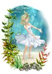  bare_shoulders barefoot blonde_hair bubble dress fish green_eyes hands highres original plant sakuryuu@crimson short_hair smile solo sundress underwater 