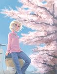  blonde_hair blue_eyes cherry_blossoms denim ground_vehicle jeans lowres motor_vehicle original pants scooter solo sweater weno weno's_blonde_original_character 