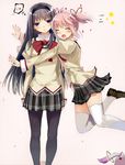  akemi_homura black_hair black_hairband black_legwear blue_eyes hairband hareno_chiame hug kaname_madoka kyubey legs long_hair mahou_shoujo_madoka_magica mitakihara_school_uniform multiple_girls pantyhose pink_hair school_uniform short_hair short_twintails thighhighs twintails white_legwear 