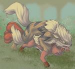  2008 9_6 arcanine canine cum eyes_closed female feral feral_on_feral fox from_behind grass hi_res kitsune male multiple_tails pok&eacute;mon red saliva straight stripes tail tongue vulpix yellow 