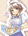  apron awakened_miki bread brown_hair food green_eyes hoshii_miki idolmaster idolmaster_(classic) koubeya_uniform maru_(sara_duke) name_tag plaid plaid_apron ribbon short_hair sidelocks skirt_basket waitress 