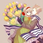  1girl :3 axis_powers_hetalia bad_id bad_pixiv_id belgium_(hetalia) blonde_hair bouquet brother_and_sister coat dress flower gloves green_eyes hair_ribbon kiseru nana_(nanalog76) netherlands_(hetalia) pipe ribbon scarf siblings striped striped_scarf tulip 