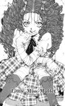  bandages big_hair bow comic crossed_arms drill_hair frilled_sleeves frills godchild greyscale hair_bow hair_ribbon hakushaku_cain_series jewelry long_hair long_skirt mikaila_(godchild) monochrome necktie over-kneehighs plaid puffy_sleeves ribbon ring ringlets scan shirt short_sleeves skirt smile smirk solo thighhighs twin_drills twintails yuki_kaori 
