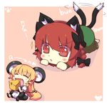  animal_ears blonde_hair bow braid cat_ears cat_tail cheese food hair_bow hazuki_ruu kaenbyou_rin kemonomimi_mode kirisame_marisa long_hair mouse_ears mouse_marisa mouse_tail multiple_girls red_eyes red_hair romaji short_hair tail tail_wagging touhou 