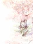  blue_eyes cherry_blossoms dollar dress from_above ghost green_dress hair_ribbon hairband hitodama konpaku_youmu konpaku_youmu_(ghost) ribbon short_hair silver_hair sitting smile solo touhou tree white_hair wreath 