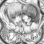  absurdres angel_beats! blouse food graphite_(medium) greyscale happy_birthday happy_valentine highres long_hair monochrome mouth_hold multiple_girls pocky rinsu short_hair symmetry tenshi_(angel_beats!) traditional_media valentine yuri_(angel_beats!) 