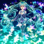  aqua_eyes aqua_hair bug butterfly detached_sleeves hatsune_miku highres insect long_hair music necktie open_mouth shizuki_mio singing skirt solo thighhighs twintails very_long_hair vocaloid zettai_ryouiki 