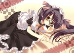  adjusting_eyewear asakura_hayate black_hair blonde_hair breasts glasses hair_ribbon lying maid maid_headdress medium_breasts original ribbon solo twintails 