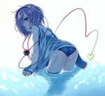  alternate_costume ass backlighting bad_id bad_pixiv_id bent_over blush contemporary from_behind highres komeiji_satori looking_back open_mouth pokachu school_swimsuit short_hair sleeves_past_wrists solo sweater swimsuit swimsuit_under_clothes third_eye touhou wading water wet wet_clothes 