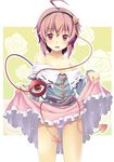  absurdres ahoge bad_id bad_pixiv_id bare_shoulders eyeball hairband heart highres komeiji_satori off_shoulder panties pink_skirt purple_eyes purple_hair rasahan short_hair skirt skirt_lift solo third_eye touhou underwear 