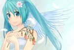  angel_wings aqua_hair asami_(palette) bad_id bad_pixiv_id blue_eyes feathers flower hair_flower hair_ornament hatsune_miku long_hair smile solo twintails vocaloid wings 