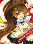  :d ;d apron breasts brown_eyes brown_hair leaning_forward long_hair medium_breasts one_eye_closed onoe_junki open_mouth ponytail smile solo taneshima_popura very_long_hair working!! 