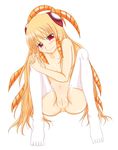  animal_ears antennae blonde_hair blush female hair insect pussy red_eyes solo stockings 