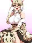  animal_humanoid armwear big_breasts blush bow_tie breasts brown_hair clothed clothing elbow_gloves fangs felid felid_humanoid feline feline_humanoid female gloves green_eyes hair humanoid inner_ear_fluff isna kemono_friends legwear mammal margay_(kemono_friends) open_mouth short_hair sitting skirt solo spots spotted_legwear sweat sweatdrop thigh_highs tongue 