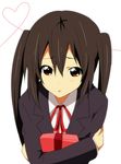  banned_artist black_hair blazer gift heart hug jacket k-on! long_hair nakano_azusa red_eyes school_uniform solo tachibana_tomoe_(artist) twintails 