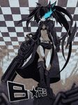  92kuni92 arm_cannon bikini_top black_hair black_rock_shooter black_rock_shooter_(character) blue_eyes boots burning_eye coat highres long_hair midriff navel pale_skin scar shorts solo twintails very_long_hair weapon 