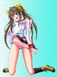  ;d bare_shoulders blush boots breasts brown_eyes cameltoe dress dress_lift fang female footwear full_body green_eyes hair_ribbon halftone_background huang_lingyin infinite_stratos long_hair navel one_eye_closed open_mouth panties panty_pull ribbon school_uniform smile socks solo striped striped_panties twintails underwear uniform wink 