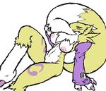  breasts canine digimon female fox gloves green_eyes looking_at_viewer mutabouru renamon sitting solo tail yellow 
