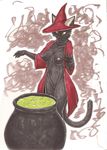  black black_fur breasts cat cauldron coat feline female fur hat magic_user mammal meesh nipples smoke solo witch witch_hat 