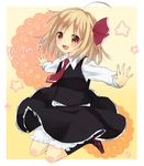  ahoge bad_id bad_pixiv_id blonde_hair bloomers fang hair_ribbon mary_janes necktie open_mouth outstretched_arms purin_jiisan red_eyes red_neckwear ribbon rumia shoes short_hair solo spread_arms touhou underwear 