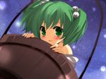  bare_shoulders blush bucket green_eyes green_hair hair_bobbles hair_ornament in_bucket in_container kisume kurot off_shoulder open_mouth short_hair short_twintails smile solo touhou twintails wooden_bucket 