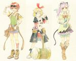  agahari animal_ears bandages belt blue_eyes boots cat_ears cat_tail elena_(rune_factory_oceans) fingerless_gloves gloves grin hair_ribbon hammer jewelry long_hair multiple_girls necklace odette_(rune_factory) one_eye_closed open_mouth paint_(medium) ponytail purple_hair ribbon rune_factory rune_factory_oceans sandals sarah_(rune_factory_oceans) scarf short_hair short_shorts shorts smile sunglasses tail traditional_media yellow_eyes 