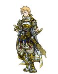 1boy armor blade blonde blonde_hair blue_eyes boy cape dissidia_final_fantasy final_fantasy final_fantasy_xii full_body knight male male_focus manly prince rasler_heios_nabradia simple_background smile solo standing sword transparent_background weapon white_background 