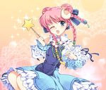  awayuki_ramika blue_eyes bow braid double_bun dress flower hair_ribbon holding holding_wand horns long_hair magical_girl one_eye_closed pink_hair ribbon sheep_(trickster) smile solo sparkle star tri_tails trickster wand 