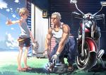  1girl alpaca bad_id bad_pixiv_id blonde_hair blue_eyes brown_eyes child gloves ground_vehicle hair_bobbles hair_ornament hand_puppet head joeian motor_vehicle motorcycle muscle old_man original puppet repairing sandals screwdriver short_hair shorts side_ponytail talking white_hair 