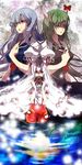  back-to-back bad_id bad_pixiv_id ball dual_persona ex-keine fujiwara_no_mokou full_moon hirasaka_ine horn_ribbon horns kamishirasawa_keine moon multiple_girls red_eyes reflection ribbon star_(sky) temari_ball touhou water white_hair 