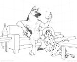  2018 alcohol animal_genitalia anthro anthro_on_anthro backsack ball_fondling ball_lick ball_worship balls beverage book butt canid canine canis dalmatian domestic_dog duo eyes_closed eyewear fondling fur german_shepherd glasses hi_res inside larger_male licking male male/male mammal monochrome muscular muscular_male nude oral paws reading sex sheath sitting size_difference sketch smaller_male sofa tongue tongue_out zaush 
