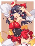  :d armpits arms_up bare_shoulders bitaraga black_hair blue_eyes bow breasts brown_background choker corset curvy detached_sleeves dress frills hair_bow hair_tubes hakurei_reimu head_tilt hips huge_breasts impossible_clothes impossible_shirt large_bow long_hair looking_at_viewer no_bra open_mouth red_choker ribbon shiny shiny_clothes shiny_skin shirt short_dress simple_background skindentation smile solo thick_thighs thighhighs thighs touhou v white_legwear wide_hips wide_sleeves zettai_ryouiki 