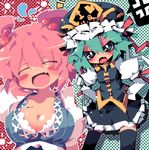  ^_^ breasts cleavage closed_eyes dangomushi green_eyes green_hair hair_bobbles hair_ornament hands_on_hips hat medium_breasts multiple_girls onozuka_komachi open_mouth pink_hair shiki_eiki small_breasts thighhighs touhou upper_body 
