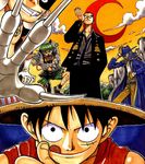  5boys :p adjusting_glasses anime bell black_hair black_necktie captain_kuro claws cover crescent_moon east_blue glasses green_hair hand_on_hat hand_on_headwear hat jango kuro lowres male male_focus monkey_d_luffy moon multiple_boys necktie oda_eiichiro oda_eiichirou official_art one_piece scar straw_hat sunglasses tongue tongue_out volume_cover 